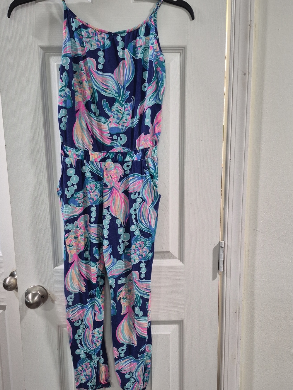 Lilly Pulitzer Navy Jumpsuit with Pink & Aqua Mermaid Print